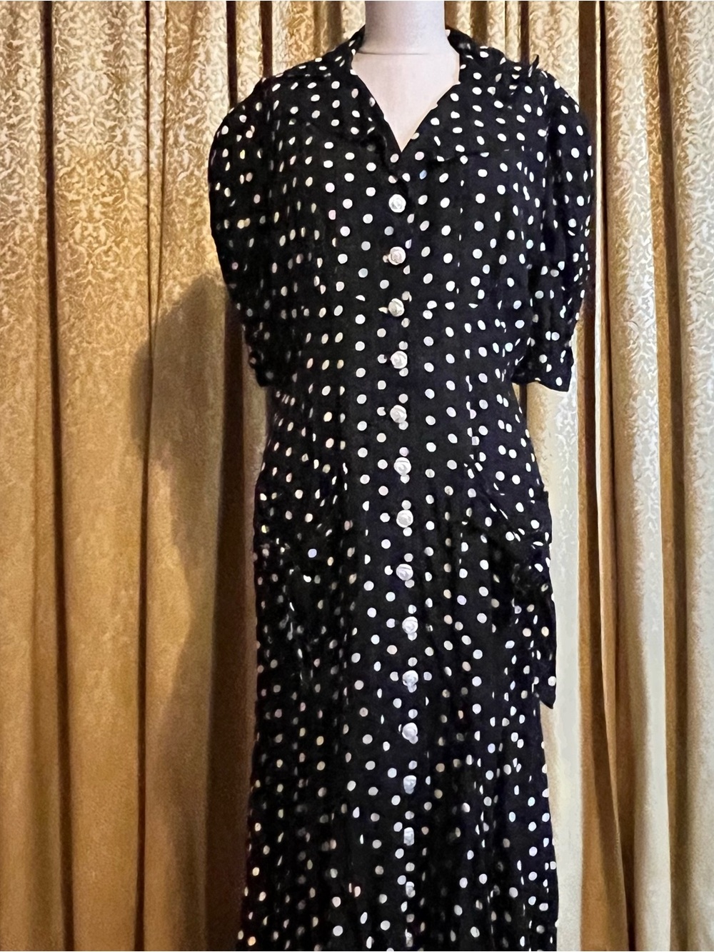 Vintage Black Polka Dot Button-Front Midi Dress